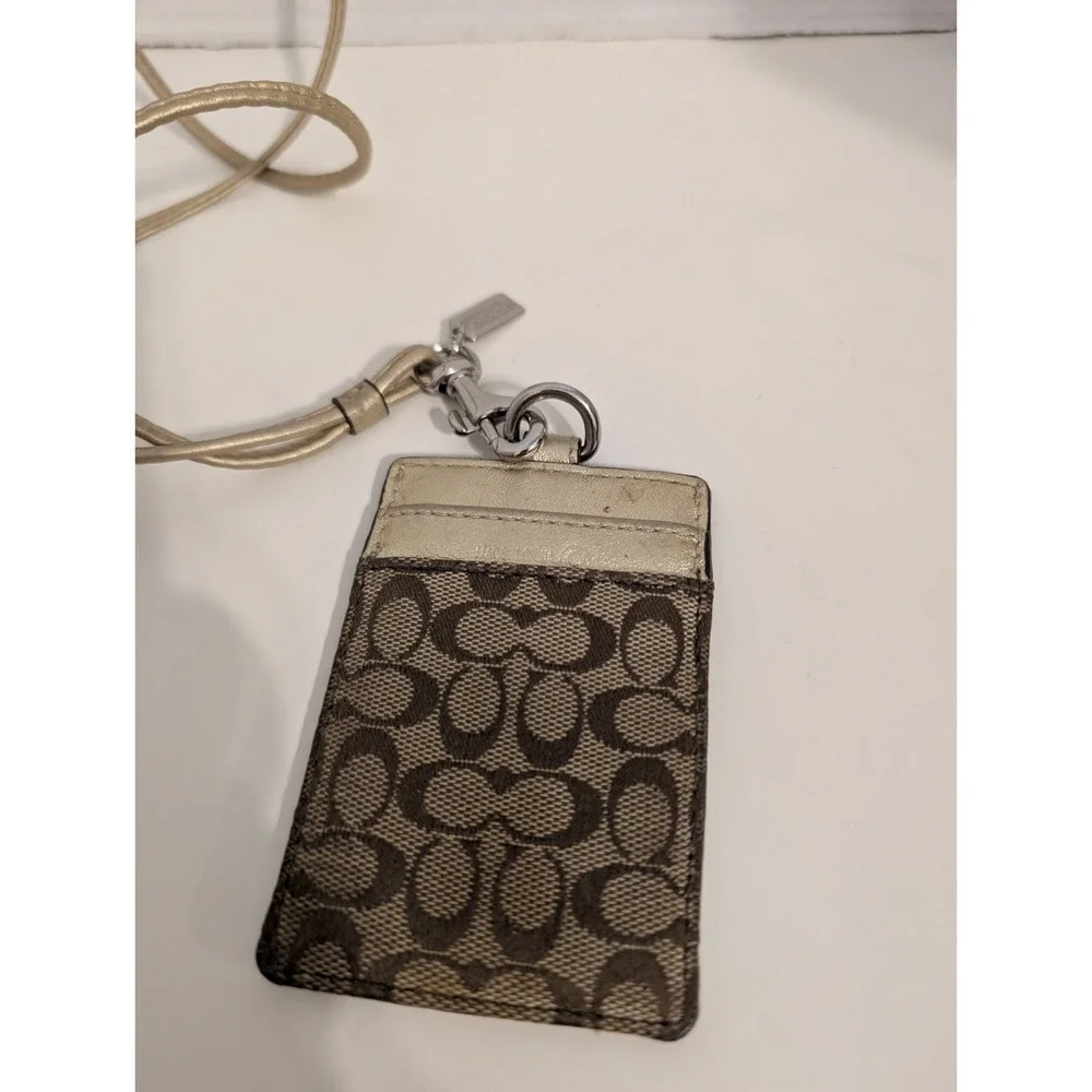 Coach Gold Logo Print Leather Canvas Women's‎ ID Holder Lanyard Document Case